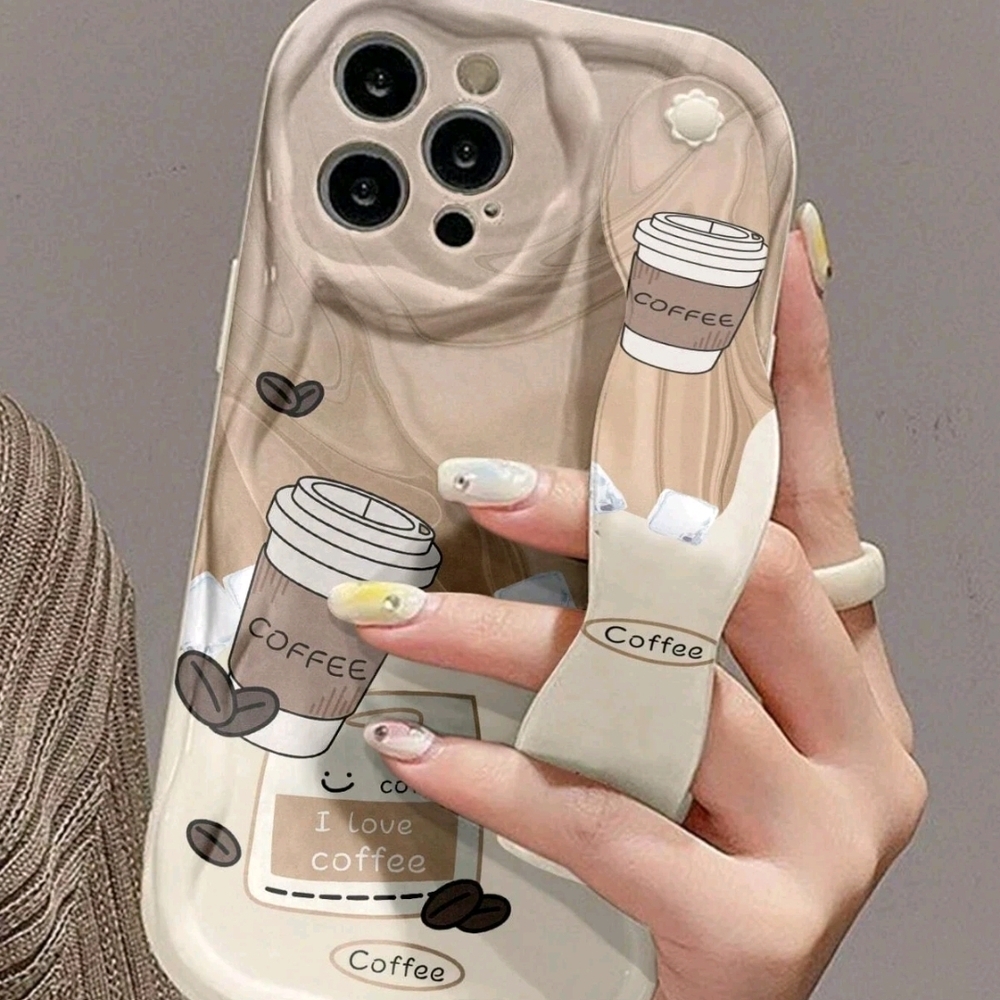 iPhone 16 Pro Max Smiling Face WristStrap Shockproof Case Holder Coffee Color.Sh